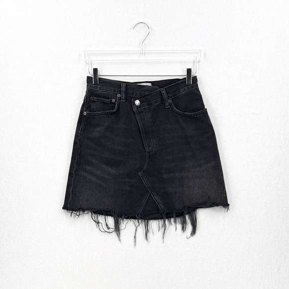 AGOLDE Criss Cross Skirt Women 26 Black Denim Mini Frayed Hem Asymmetric Waist - Picture 3 of 16